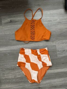 American Eagle Outfitters Orange Crochet High-Neck Bikini Set